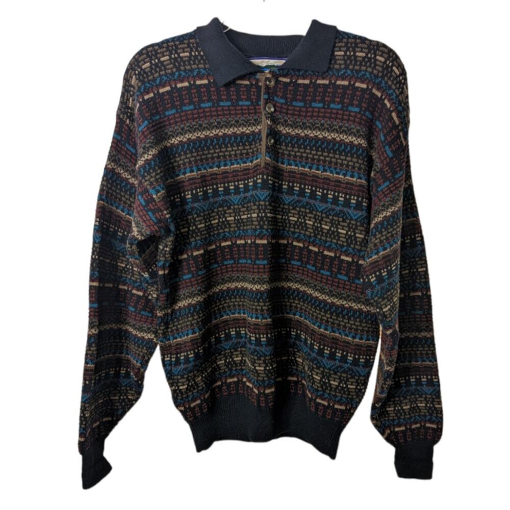 Vintage 80s Shenandoah Dad Sweater Cotton Knit Polo Collar Patterned Pullover M